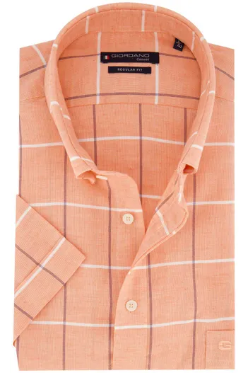 Giordano Giordano casual overhemd korte mouw wijde fit oranje geruit 100% katoen