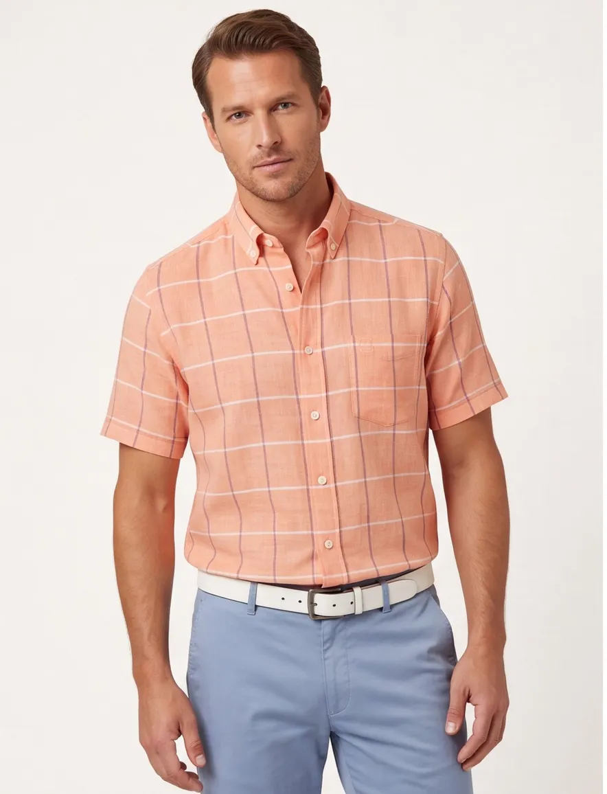 Giordano casual overhemd korte mouw wijde fit oranje geruit 100% katoen