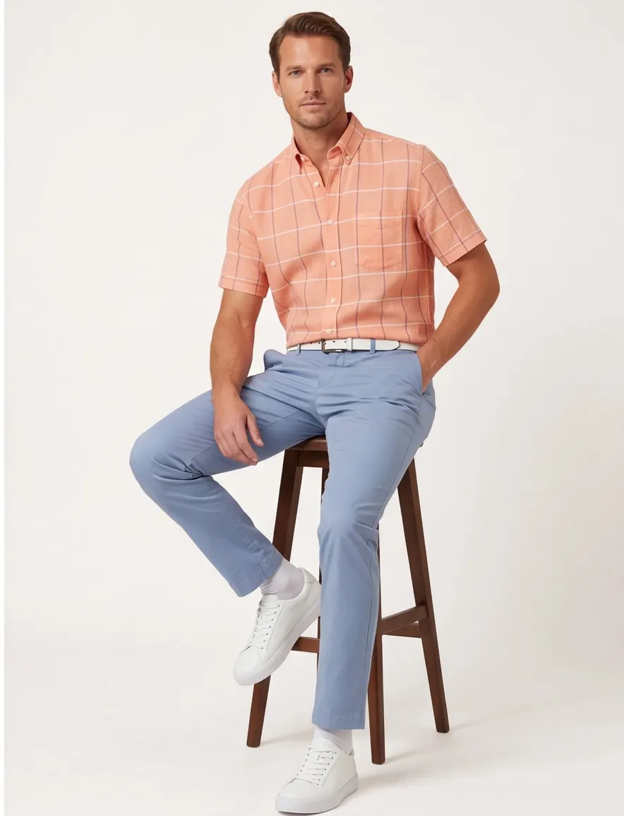 Giordano casual overhemd korte mouw wijde fit oranje geruit 100% katoen