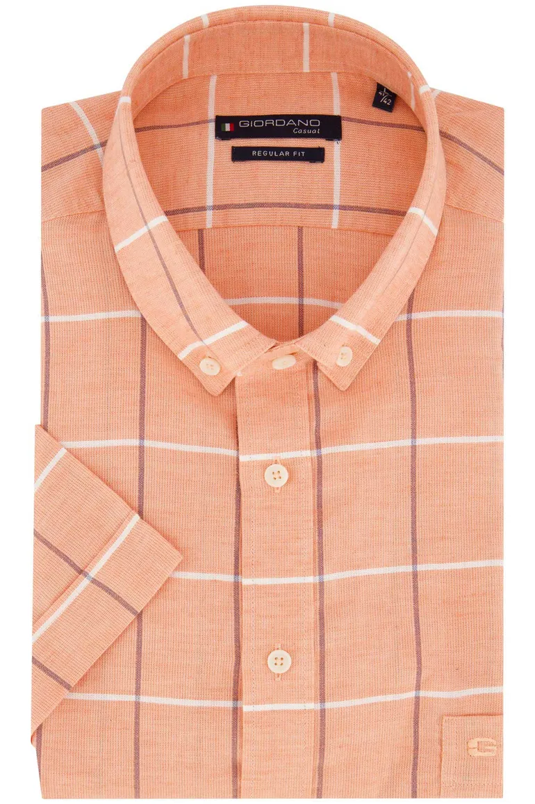Giordano casual overhemd korte mouw wijde fit oranje geruit 100% katoen