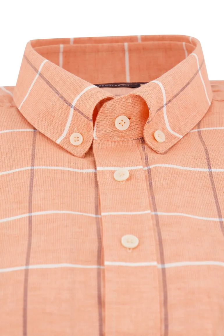 Giordano casual overhemd korte mouw wijde fit oranje geruit 100% katoen