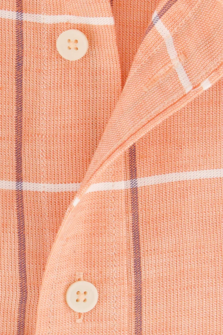 Giordano casual overhemd korte mouw wijde fit oranje geruit 100% katoen