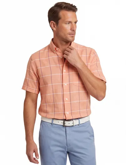 Giordano Giordano casual overhemd korte mouw wijde fit oranje geruit 100% katoen