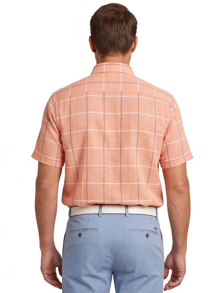 Giordano casual overhemd korte mouw wijde fit oranje geruit 100% katoen
