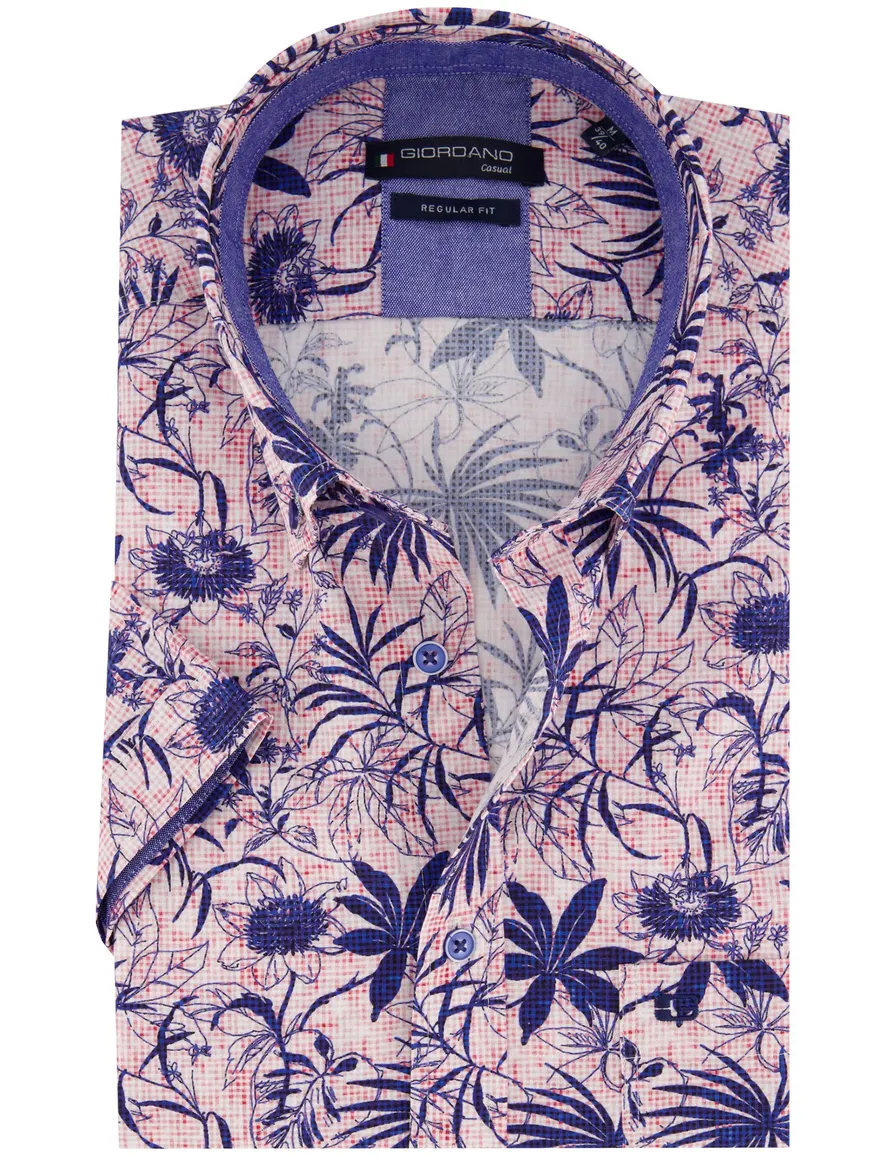 Giordano casual overhemd korte mouw normale fit roze geprint katoen