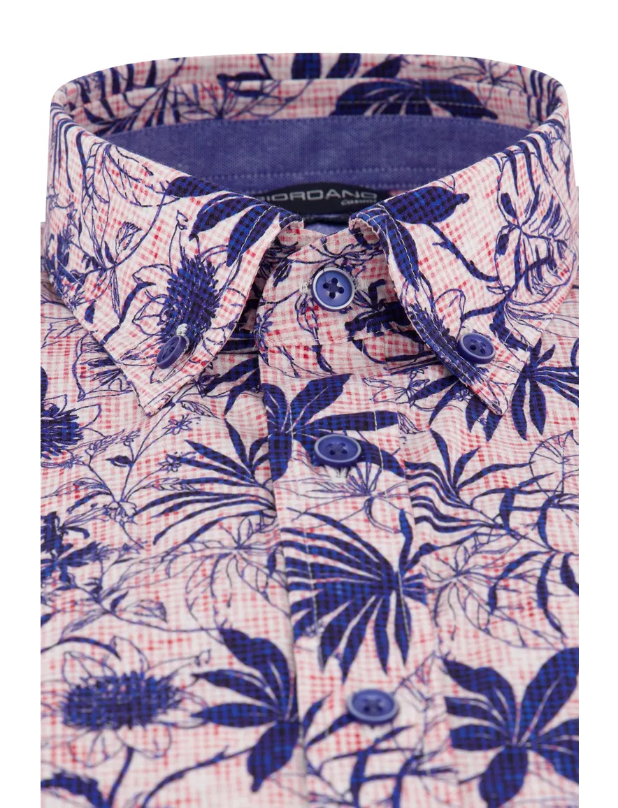 Giordano casual overhemd korte mouw normale fit roze geprint katoen