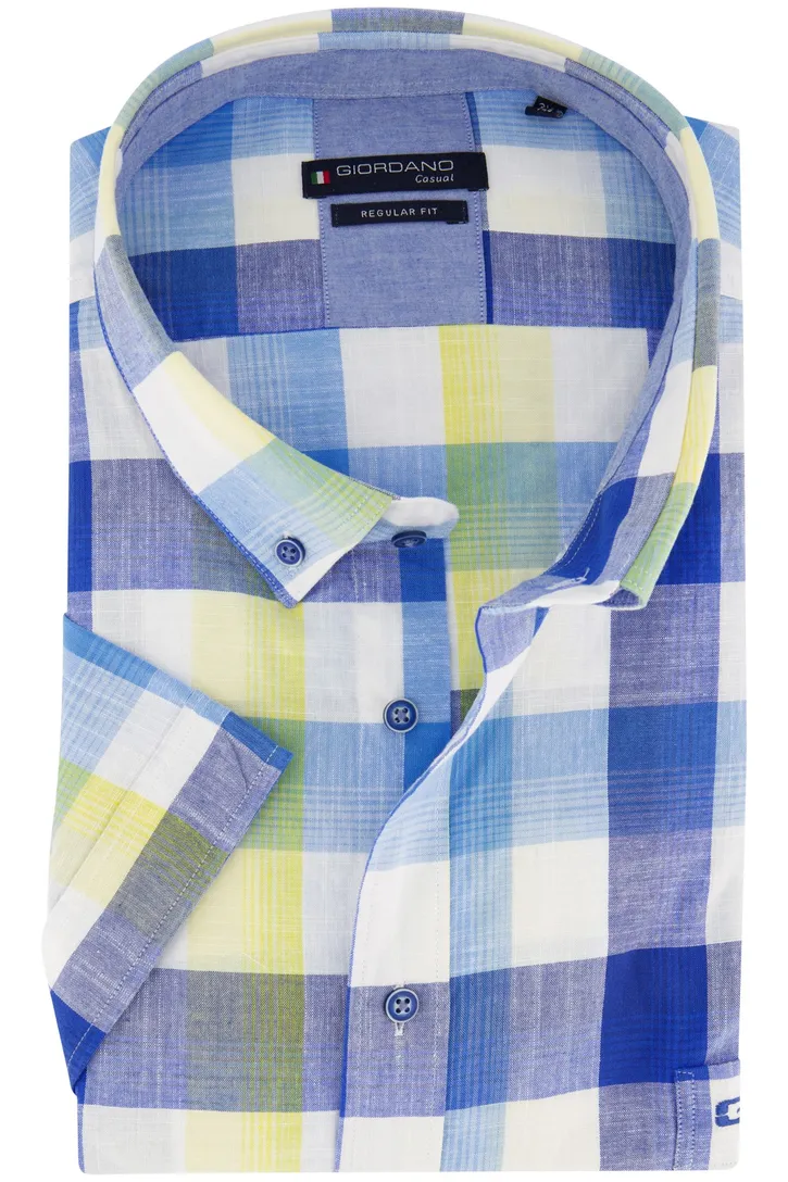 Giordano casual overhemd korte mouw normale fit blauw geruit katoen