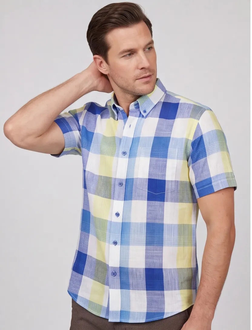 Giordano casual overhemd korte mouw normale fit blauw geruit katoen