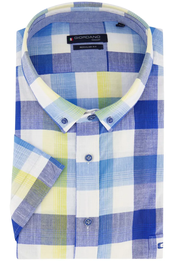 Giordano casual overhemd korte mouw normale fit blauw geruit katoen