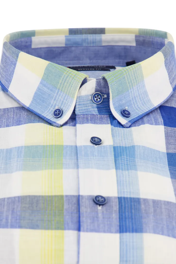 Giordano casual overhemd korte mouw normale fit blauw geruit katoen