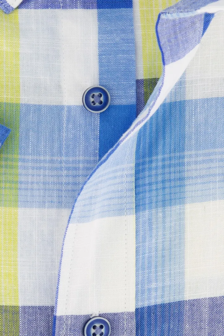Giordano casual overhemd korte mouw normale fit blauw geruit katoen