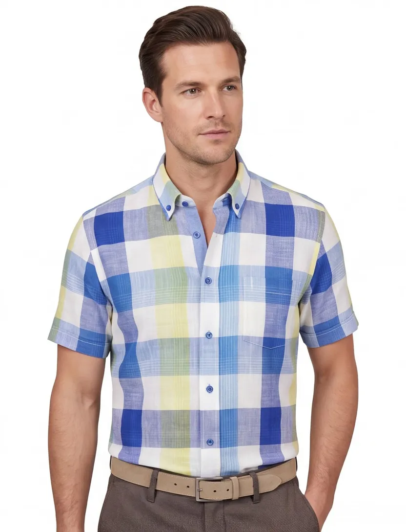 Giordano casual overhemd korte mouw normale fit blauw geruit katoen