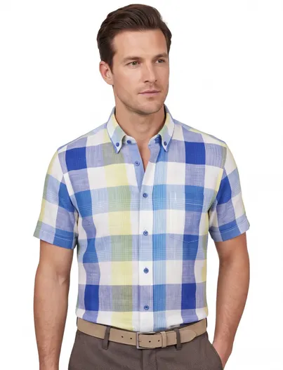 Giordano Giordano casual overhemd normale fit blauw geruit katoen korte mouw