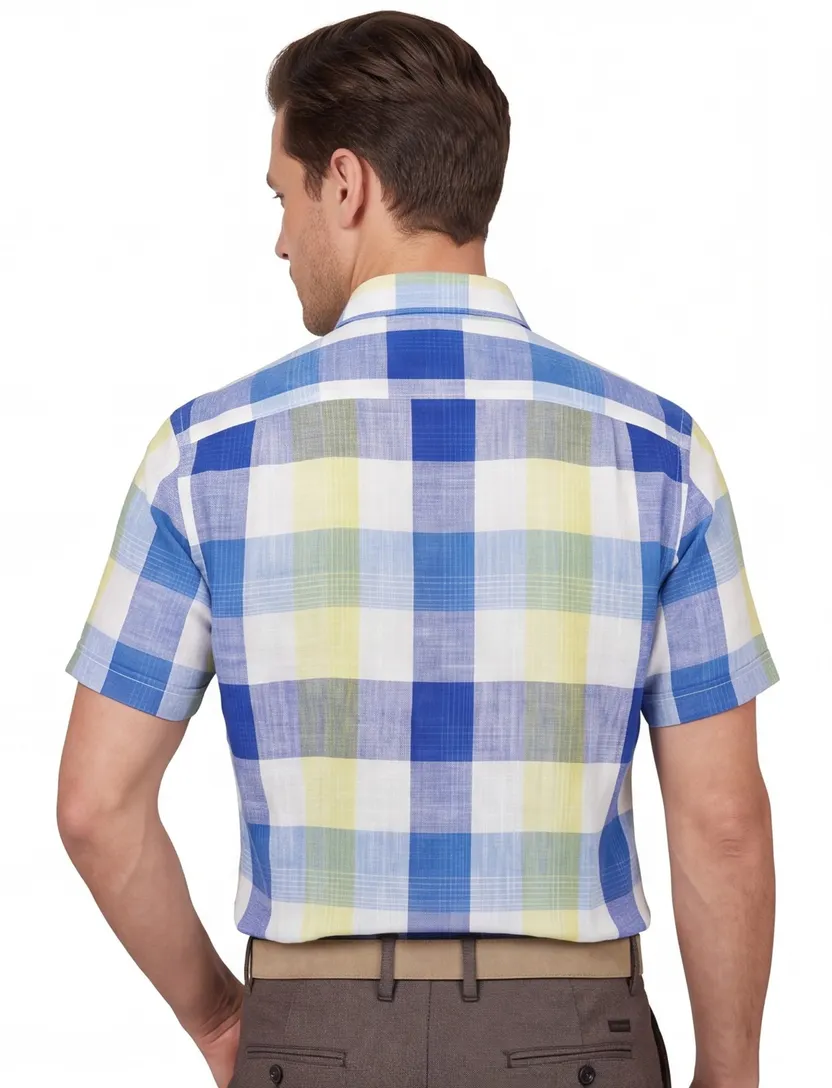 Giordano casual overhemd korte mouw normale fit blauw geruit katoen