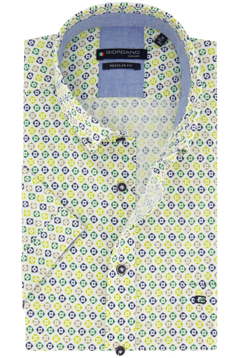 Giordano casual overhemd korte mouw normale fit groen geprint katoen