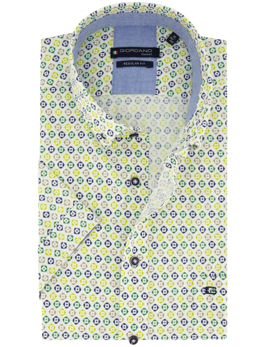 Giordano casual overhemd korte mouw normale fit groen geprint katoen