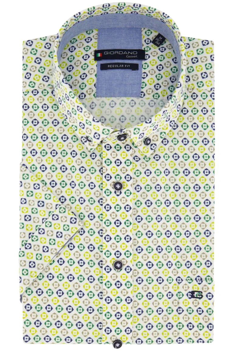 Giordano casual overhemd korte mouw normale fit groen geprint katoen