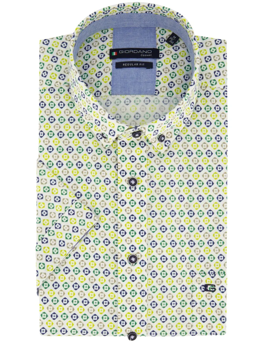 Giordano casual overhemd korte mouw normale fit groen geprint katoen
