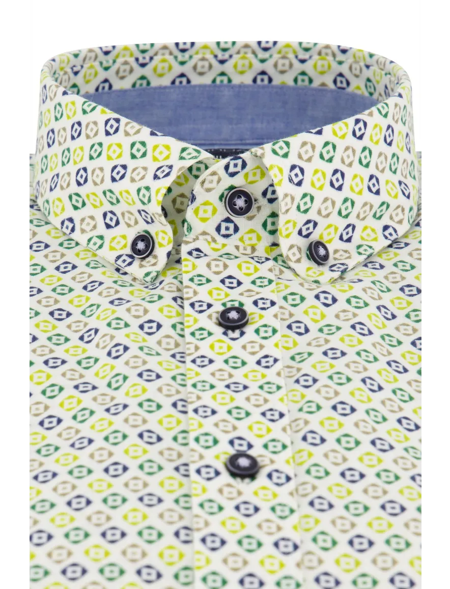Giordano casual overhemd korte mouw normale fit groen geprint katoen