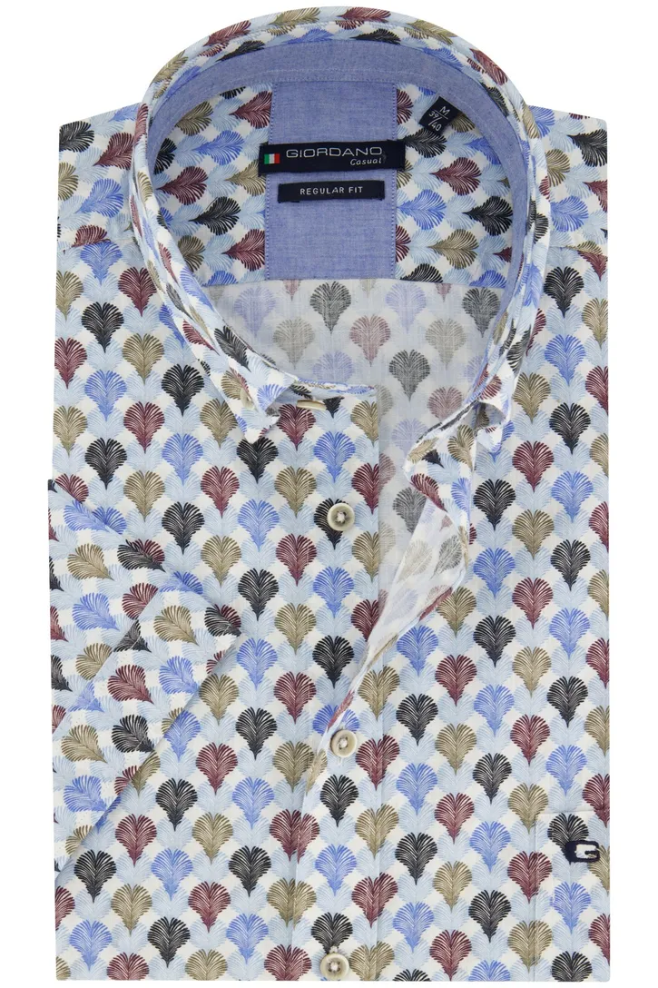 Giordano overhemd korte mouw normale fit blauw print katoen