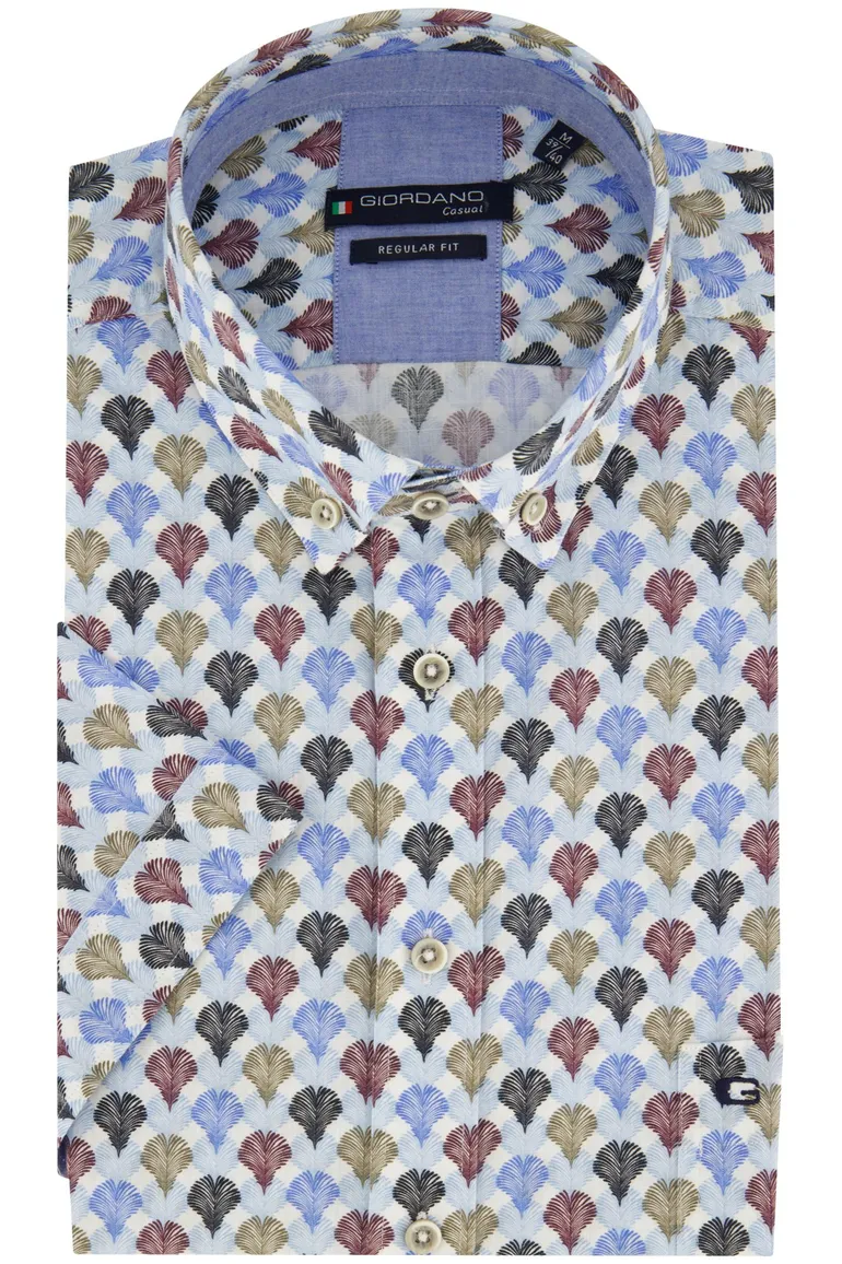 Giordano casual overhemd korte mouw normale fit blauw geprint katoen
