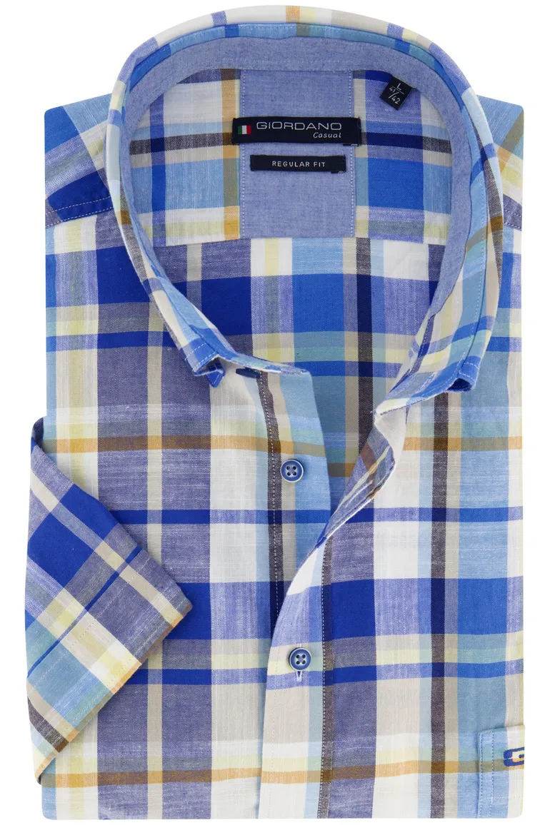 Giordano casual overhemd normale fit blauw geruit katoen met borstzak