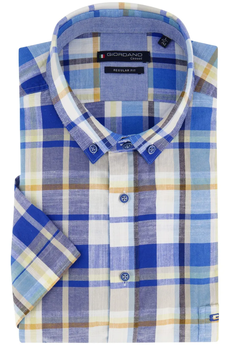 Giordano casual overhemd normale fit blauw geruit katoen met borstzak