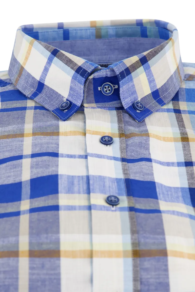 Giordano casual overhemd normale fit blauw geruit katoen met borstzak