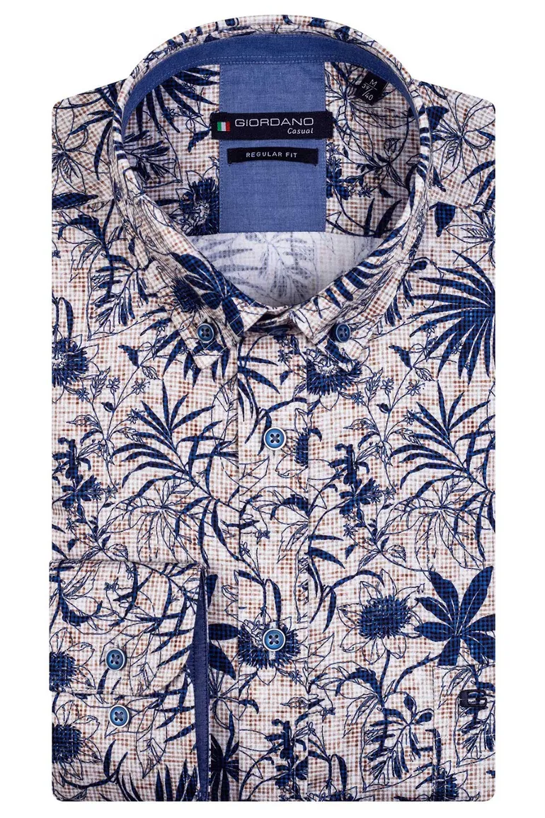 casual overhemd Giordano blauw geprint katoen normale fit