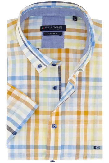 Giordano Giordano overhemd korte mouw wijde fit blauw en geel