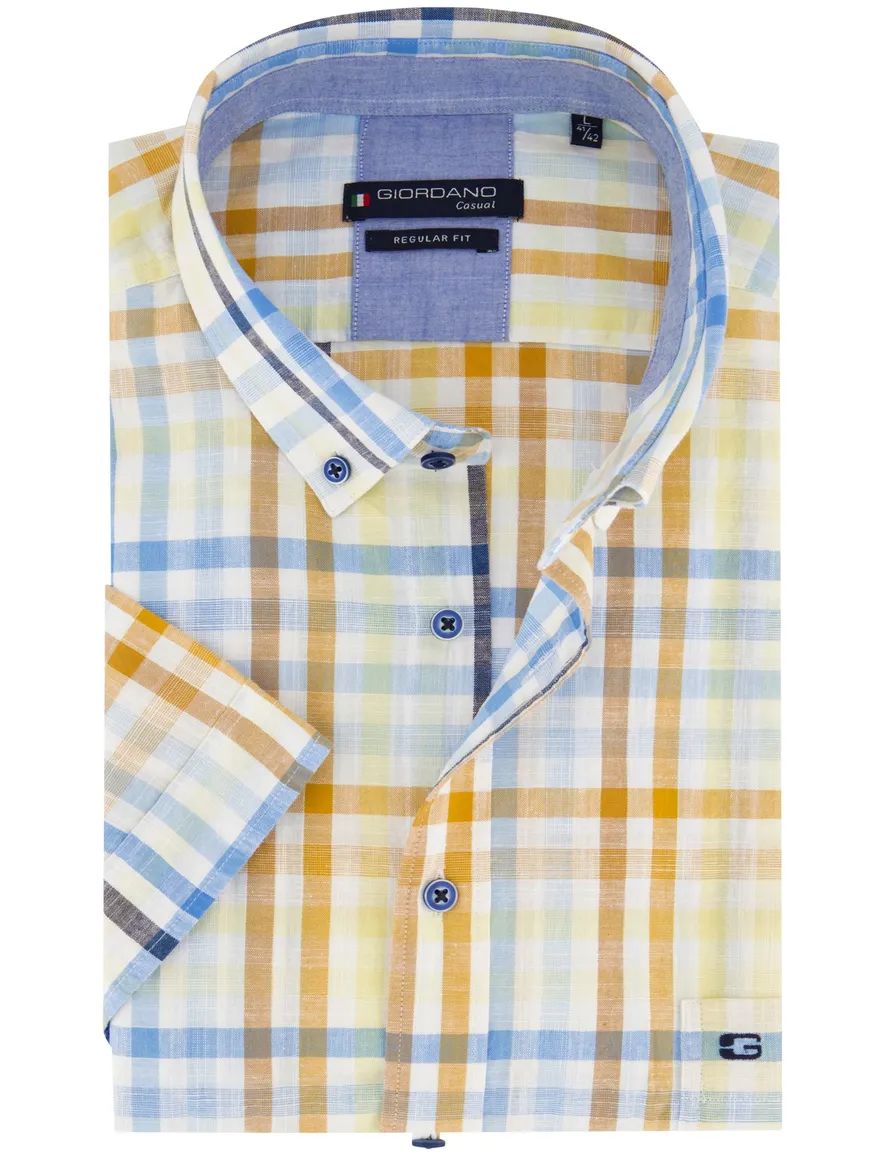 Giordano overhemd korte mouw wijde fit blauw en geel
