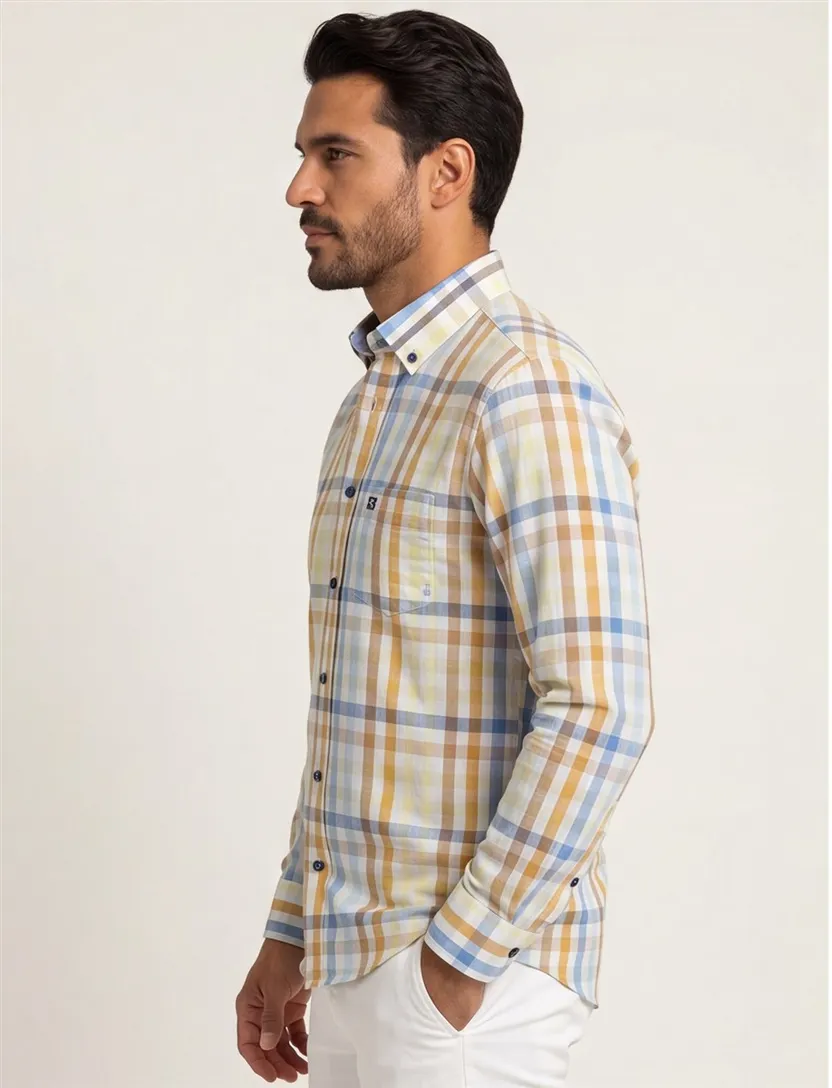 Giordano casual overhemd korte mouw wijde fit blauw geruit 100% katoen