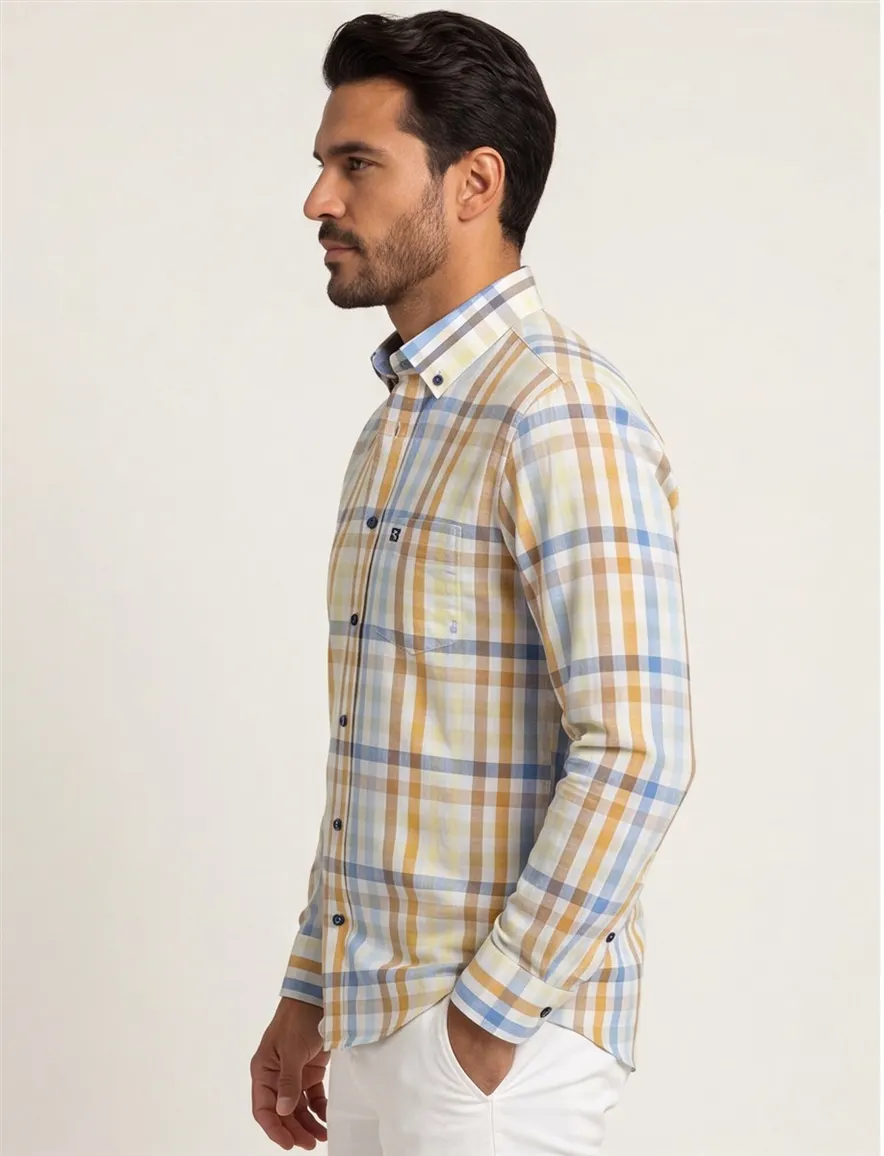 Giordano overhemd korte mouw wijde fit blauw en geel