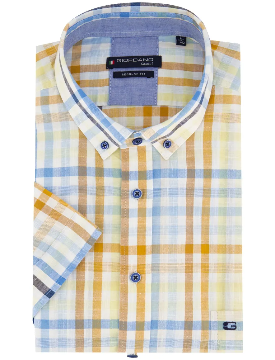 Giordano casual overhemd korte mouw wijde fit blauw geruit katoen