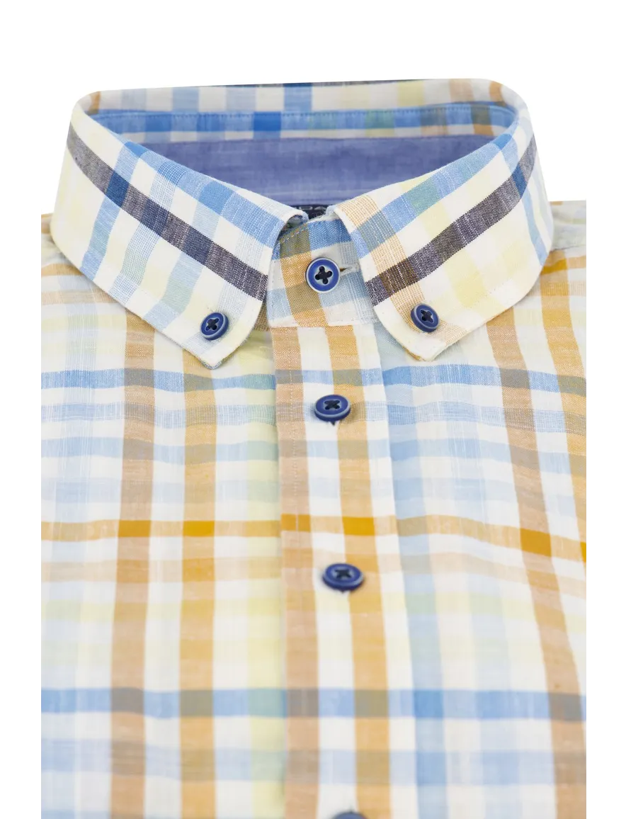 Giordano overhemd korte mouw wijde fit blauw en geel