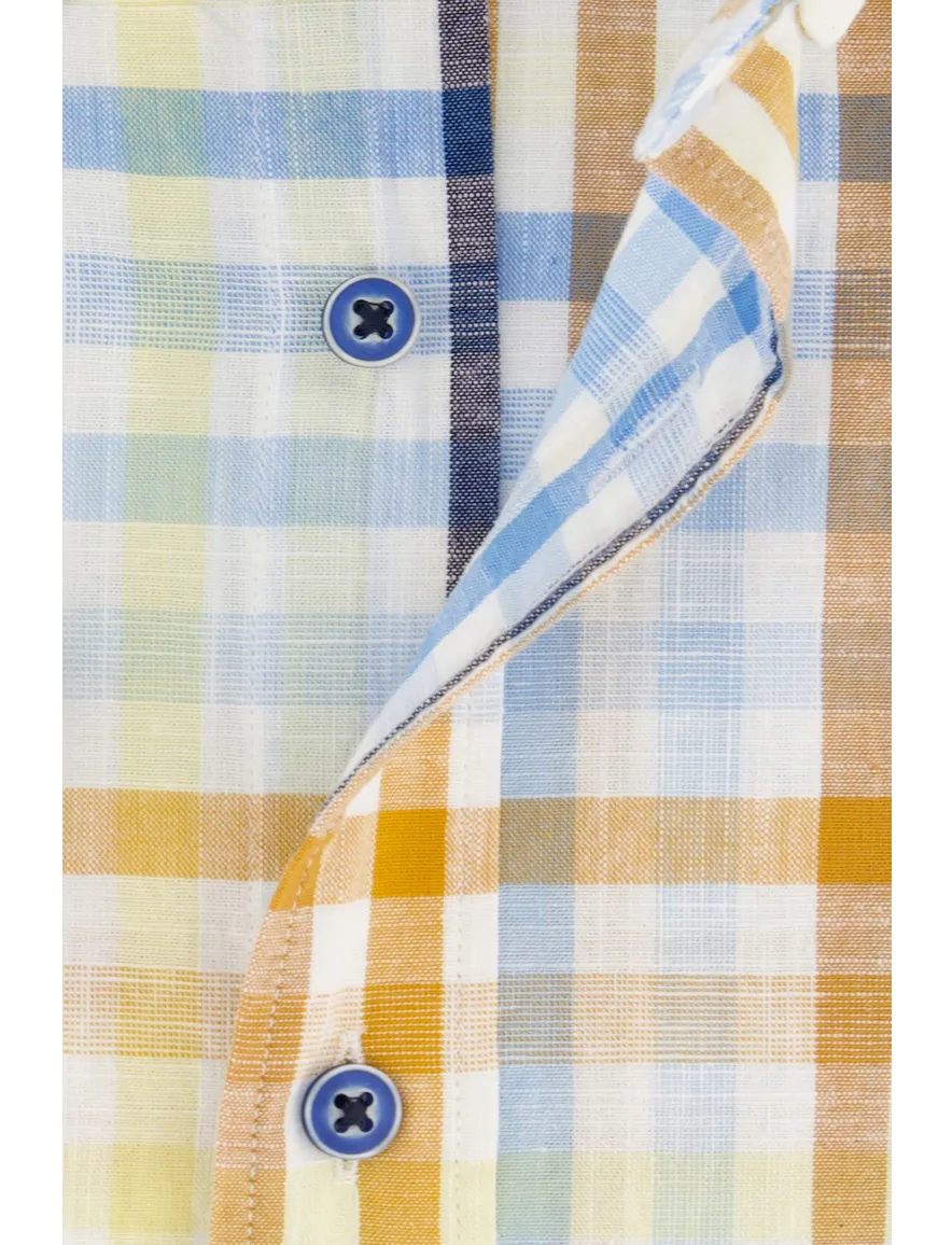 Giordano casual overhemd korte mouw wijde fit blauw geruit katoen