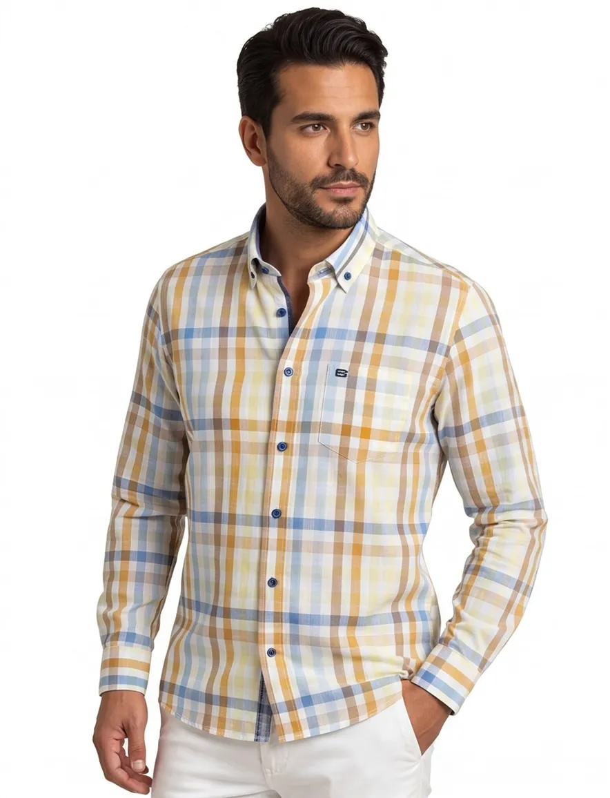 Giordano overhemd korte mouw wijde fit blauw en geel