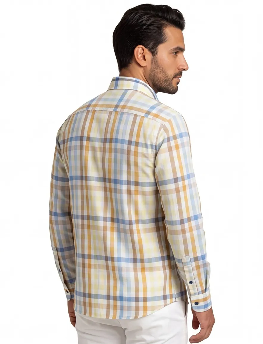 Giordano overhemd korte mouw wijde fit blauw en geel