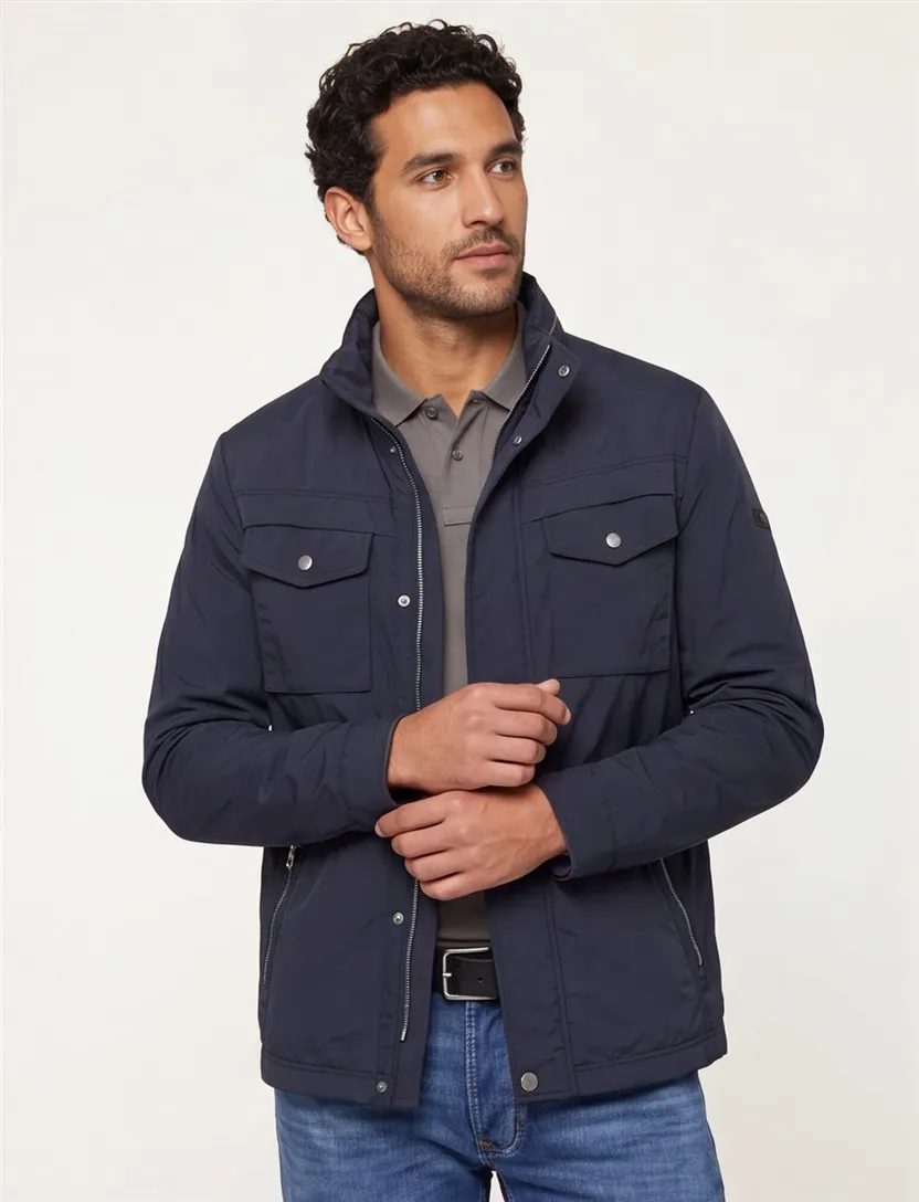 Bugatti tussenjas donkerblauw effen rits + knoop wijde fit