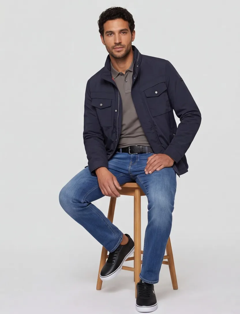 Bugatti tussenjas donkerblauw effen rits + knoop wijde fit