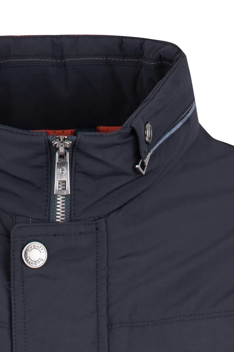 Bugatti tussenjas donkerblauw effen rits + knoop wijde fit
