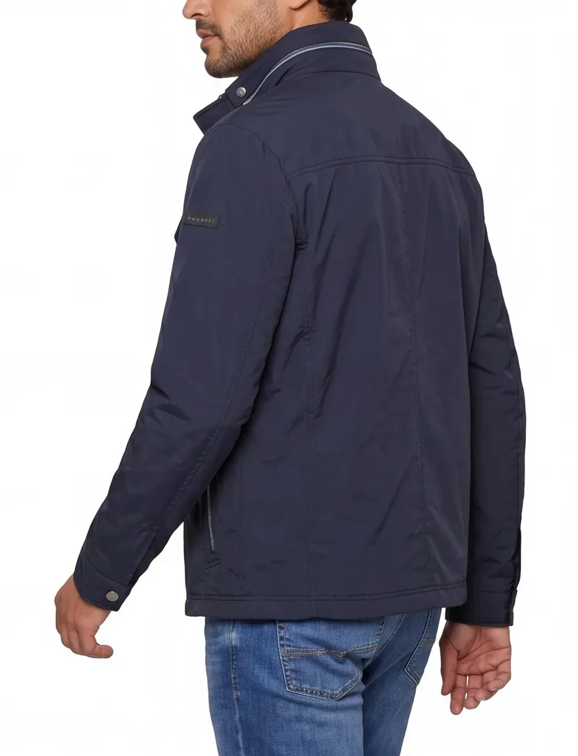 Bugatti tussenjas donkerblauw effen rits + knoop wijde fit