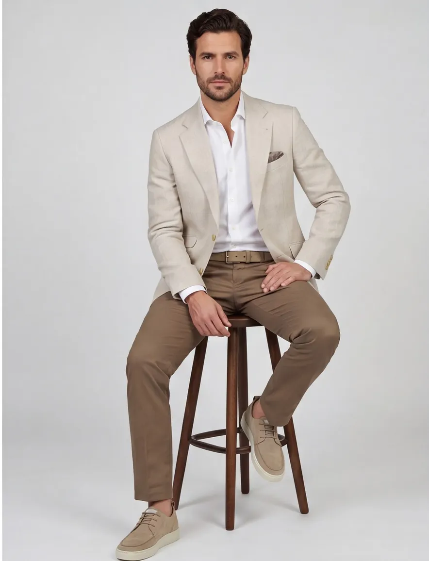 Wellington of Bilmore colbert beige effen linnen normale fit