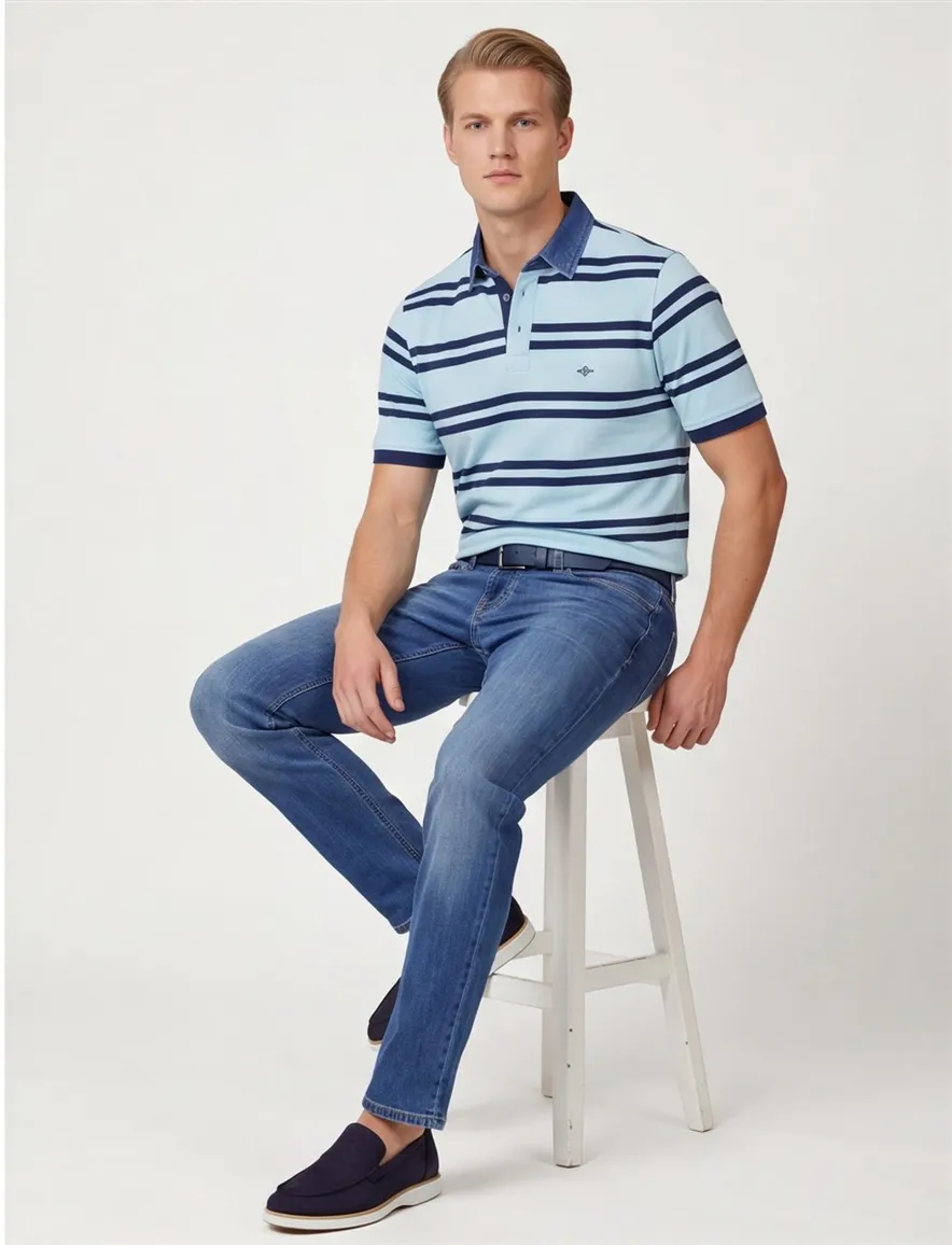 Baileys polo normale fit lichtblauw blauw gestreept katoen