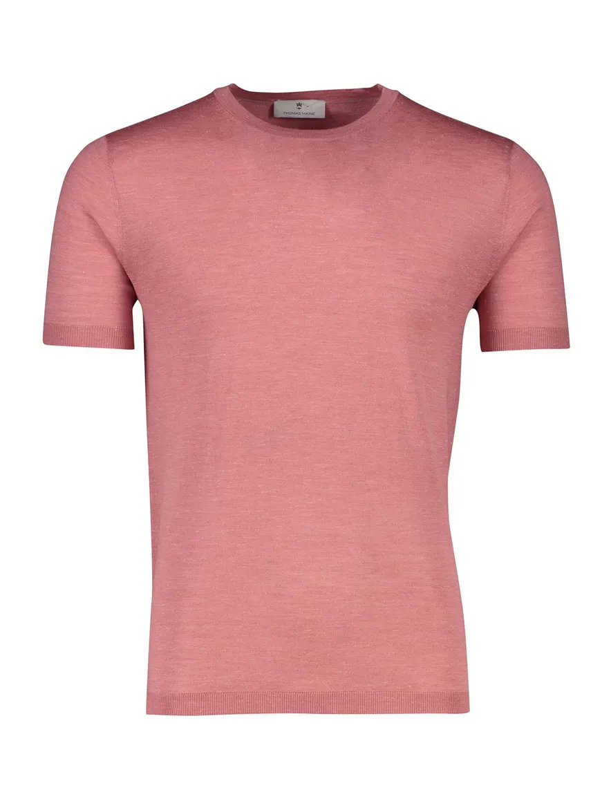 Thomas Maine T-shirt ronde hals lichtroze effen merinowol