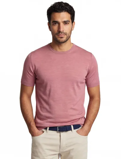 Thomas Maine Thomas Maine T-shirt lichtroze effen merinowol ronde hals