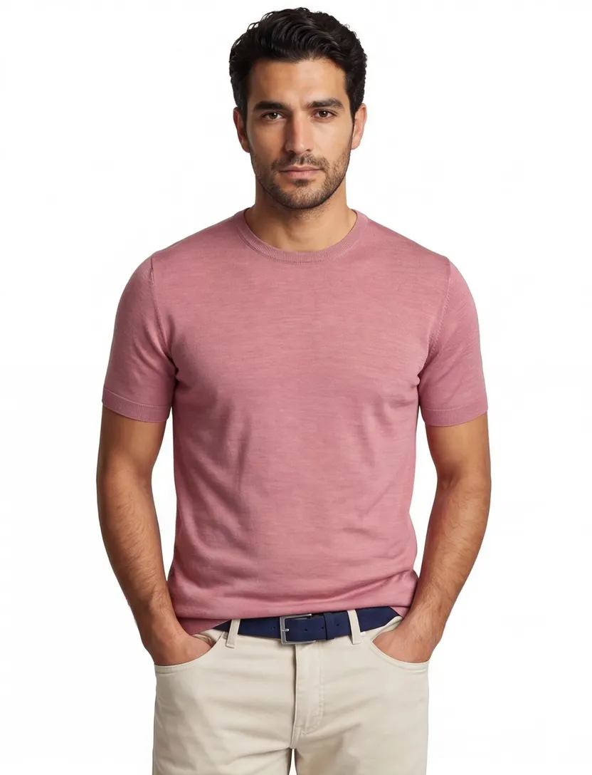 Thomas Maine T-shirt lichtroze effen merinowol ronde hals