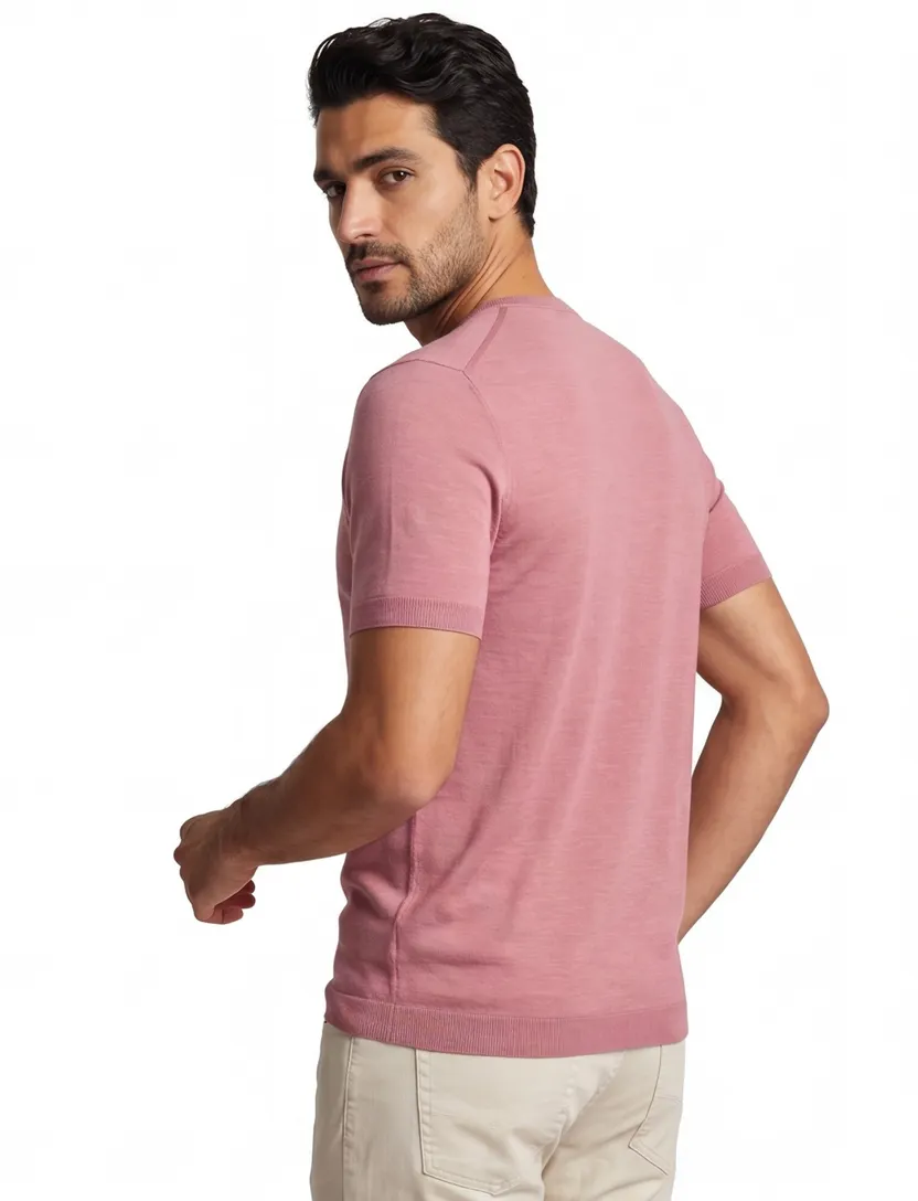 Thomas Maine T-shirt lichtroze effen merinowol ronde hals