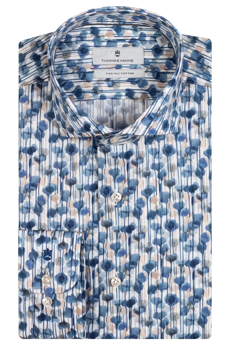 business overhemd Thomas Maine blauw geprint katoen normale fit