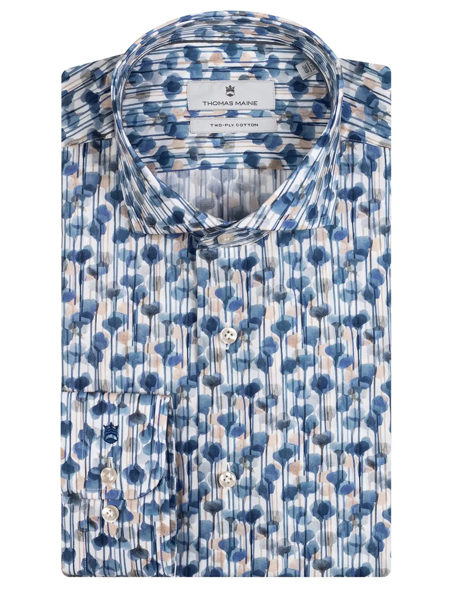 Thomas Maine business overhemd normale fit blauw vrolijk print katoen